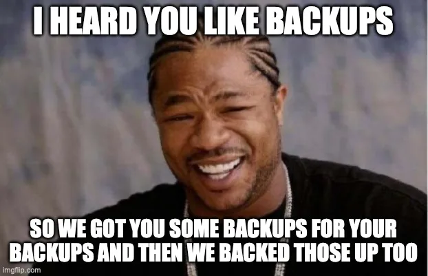 meme of Xzibit that says "I heard you like backups so we got you some backups for your backups and then we backed those up too"